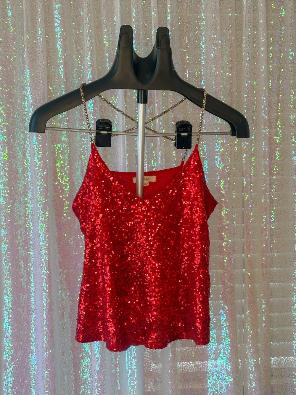 Chocolate Brand Red Sequin Cami with Gold Chain Straps Size Small